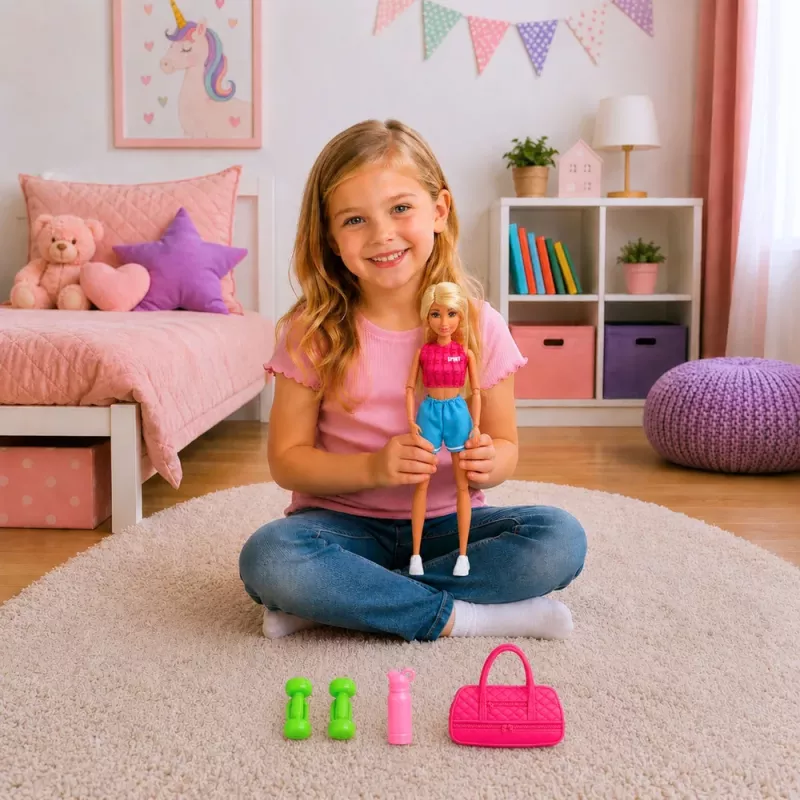 LEAN TOYS Boneca Anlily em fato de desporto com halteres, garrafa de água, saco, conjunto de acessórios
