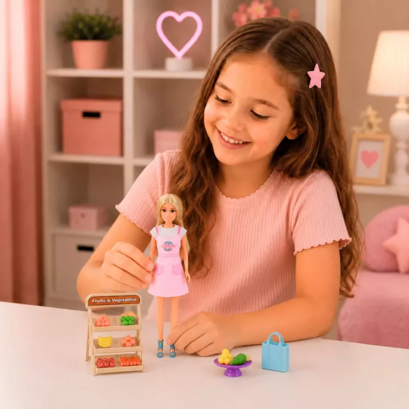 LEAN TOYS Boneca Anlily vendedora de legumes e frutas loja conjunto de acessórios