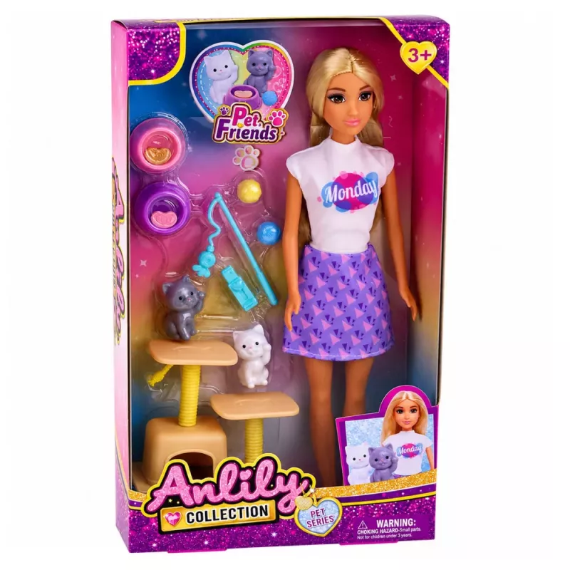 LEAN TOYS Boneca Anlily com gatinho arranhador acessórios para gatos tigelas brinquedo conjunto