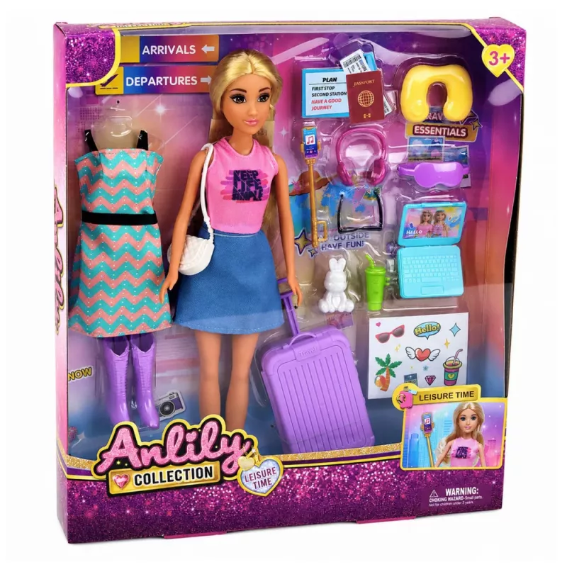 LEAN TOYS Boneca viajante Anlily com mala, almofada de viagem, acessórios de portátil