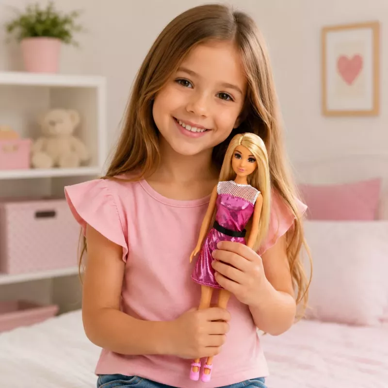 LEAN TOYS Boneca de moda Anlily em vestido rosa conjunto com malas de mão, sapatos e acessórios