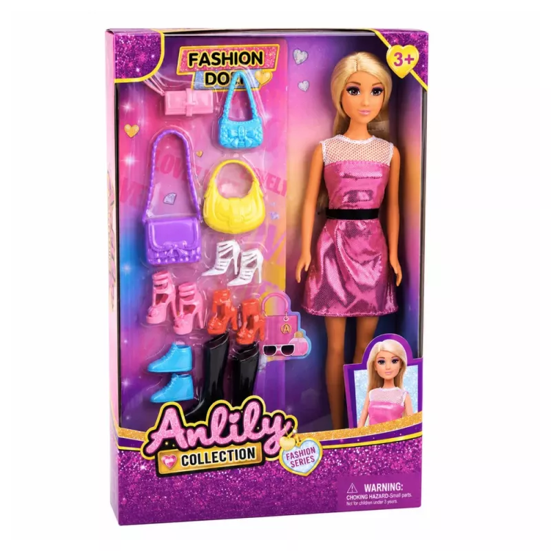 LEAN TOYS Boneca de moda Anlily em vestido rosa conjunto com malas de mão, sapatos e acessórios