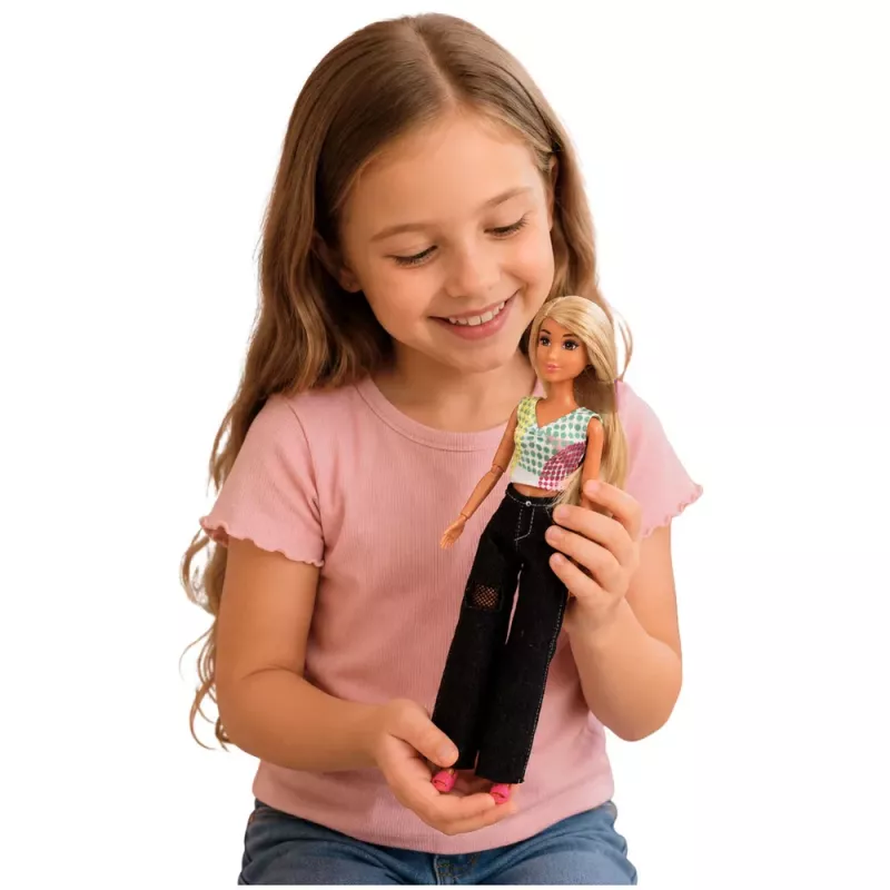 LEAN TOYS Boneca de moda Anlily em calças de ganga escuras, top colorido, cabelo loiro