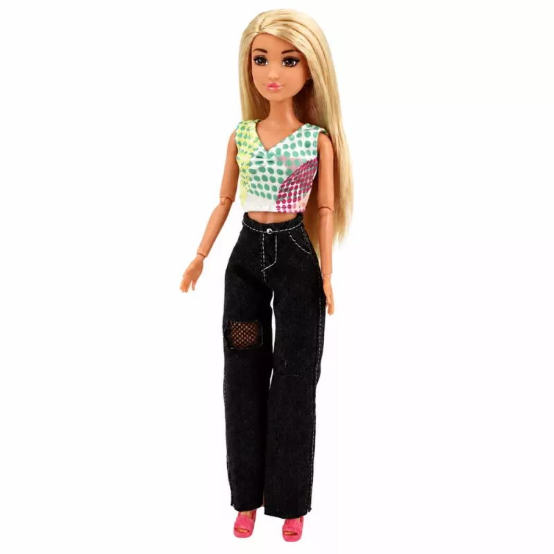 LEAN TOYS Boneca de moda Anlily em calças de ganga escuras, top colorido, cabelo loiro