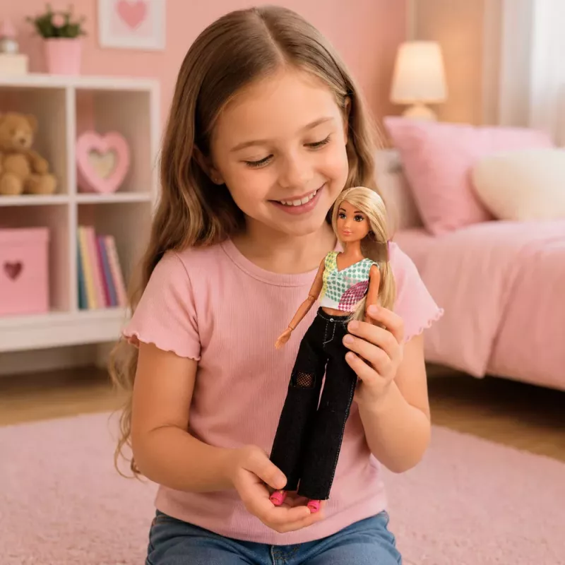 LEAN TOYS Boneca de moda Anlily em calças de ganga escuras, top colorido, cabelo loiro
