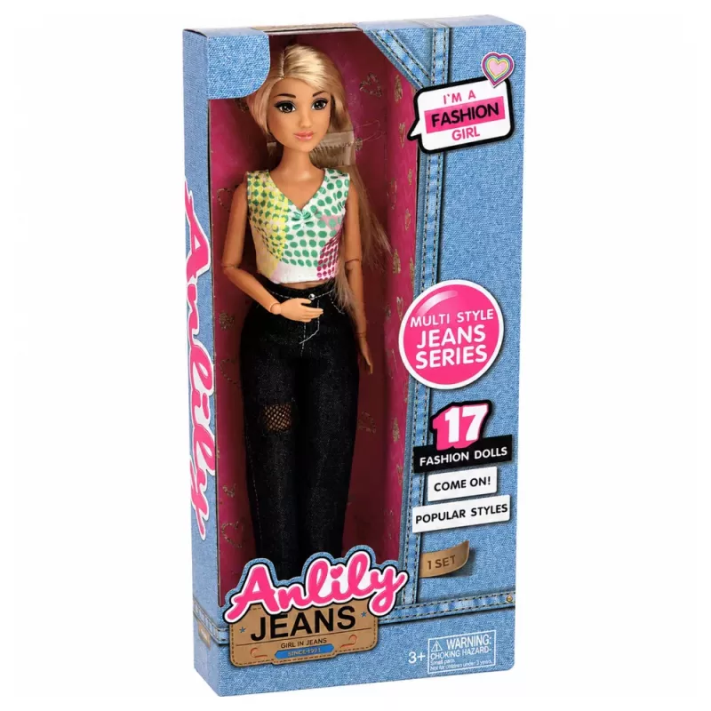 LEAN TOYS Boneca de moda Anlily em calças de ganga escuras, top colorido, cabelo loiro