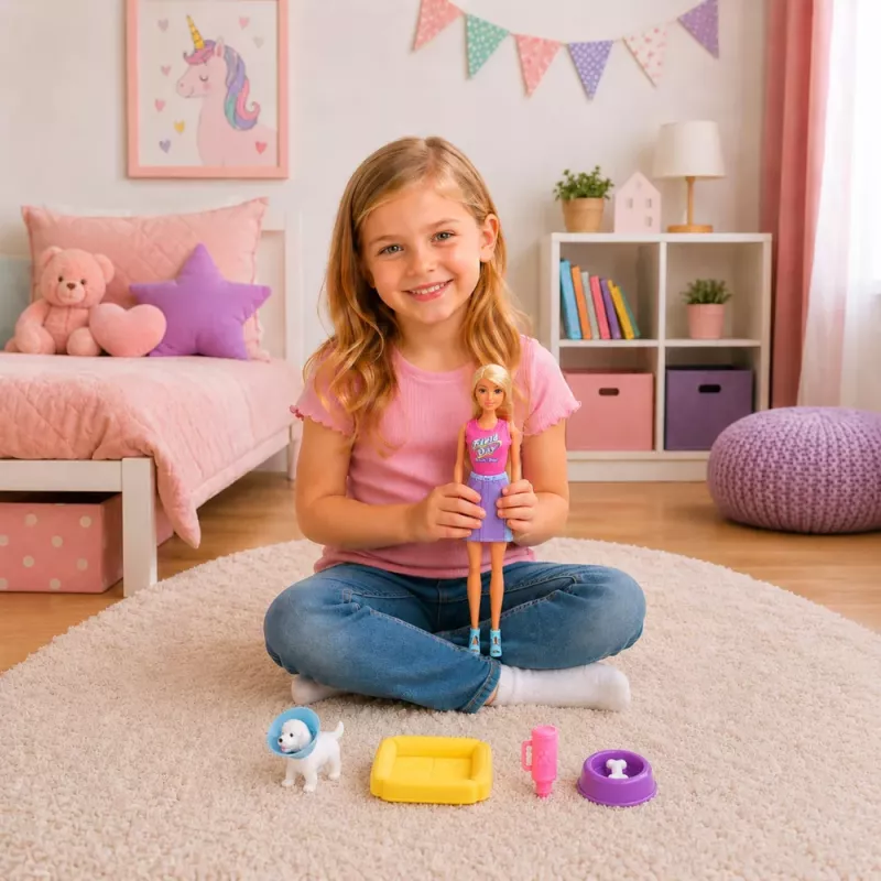 LEAN TOYS Boneca Anlily com cão branco de coleira, cama e conjunto de acessórios