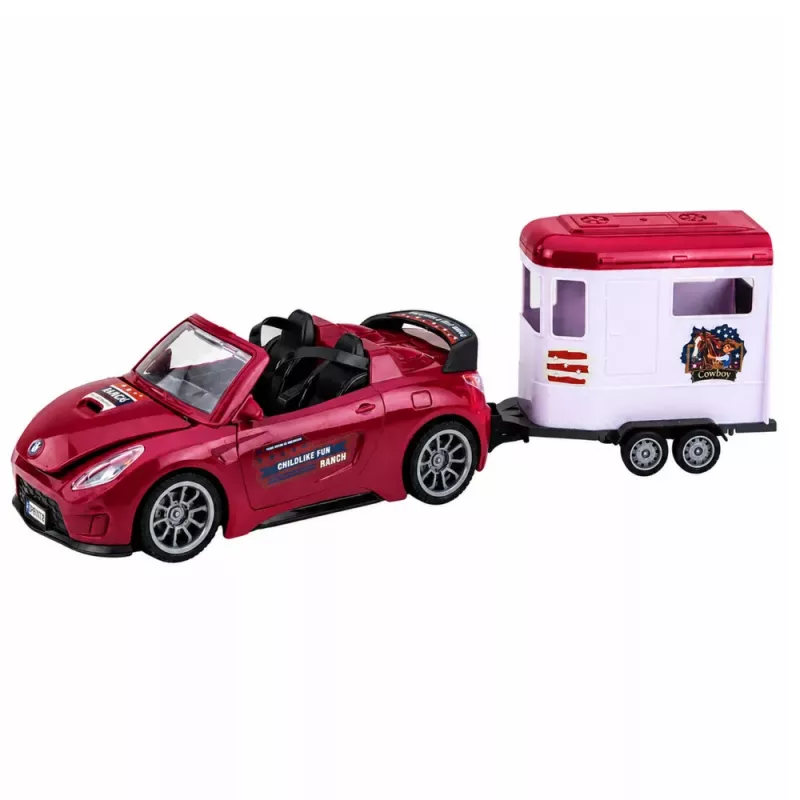 LEAN TOYS Descapotável bordô com atrelado para cavalos, portas de abrir, conjunto 1:24 Die-Cast