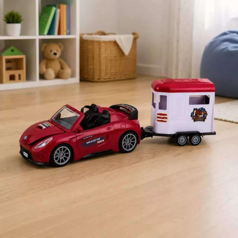 LEAN TOYS Descapotável bordô com atrelado para cavalos, portas de abrir, conjunto 1:24 Die-Cast