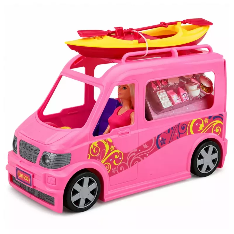 LEAN TOYS Boneca viajante com autocaravana e acessórios de caiaque, efeitos de luz e som, conjunto