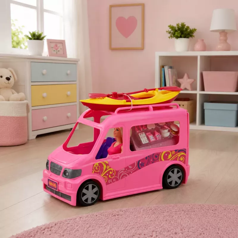 LEAN TOYS Boneca viajante com autocaravana e acessórios de caiaque, efeitos de luz e som, conjunto