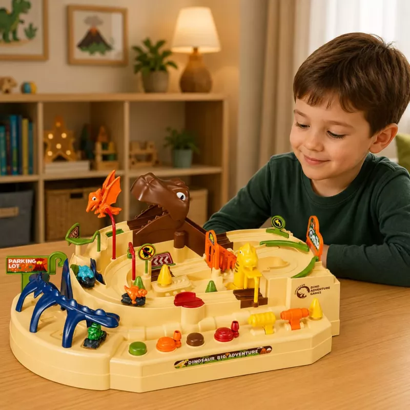 LEAN TOYS Pista de arcada manual interativa com dinossauros 8 desafios veículos