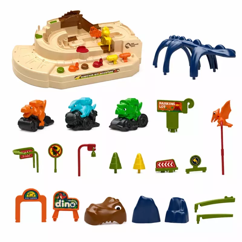 LEAN TOYS Pista de arcada manual interativa com dinossauros 8 desafios veículos
