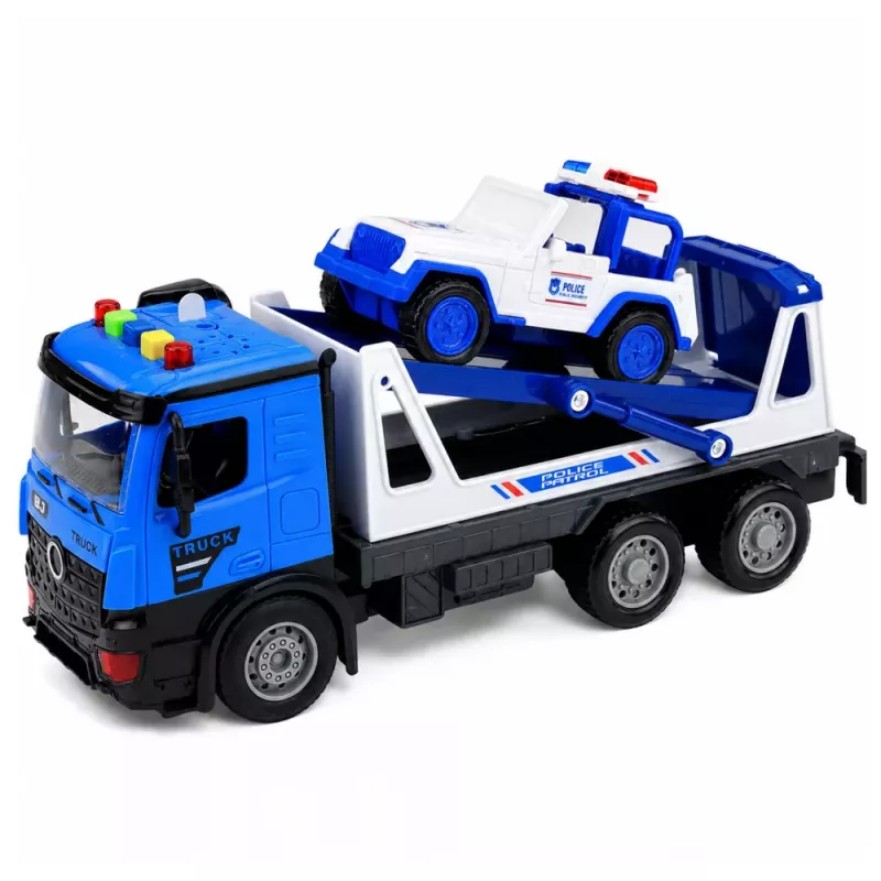 LEAN TOYS Reboque de Polícia com Carro de Patrulha Conjunto de Veículos Luzes Sons Azul