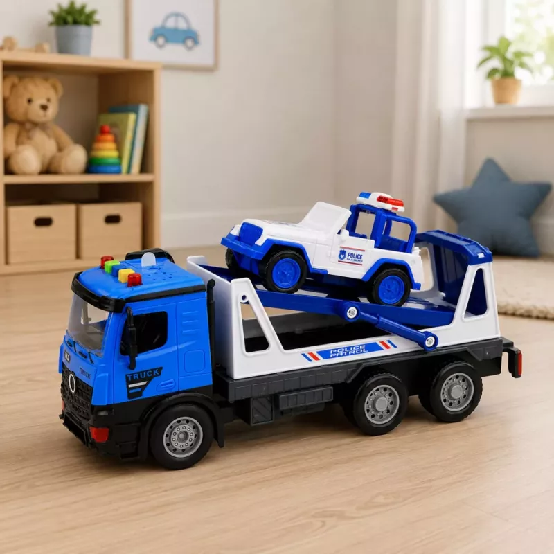LEAN TOYS Reboque de Polícia com Carro de Patrulha Conjunto de Veículos Luzes Sons Azul