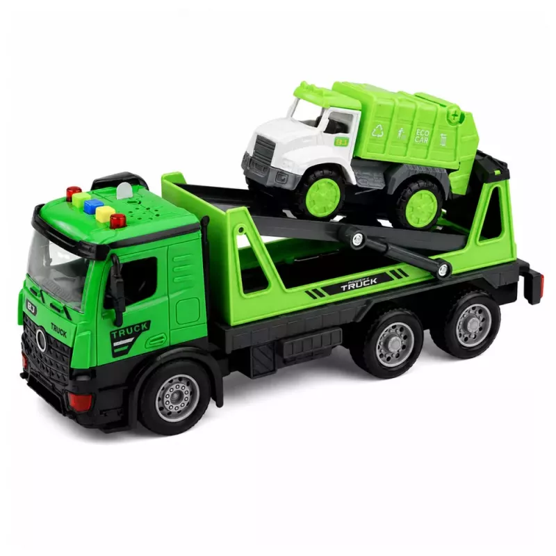 LEAN TOYS Camião de Reboque Camião do Lixo Conjunto de Veículos Luzes Sons Verde