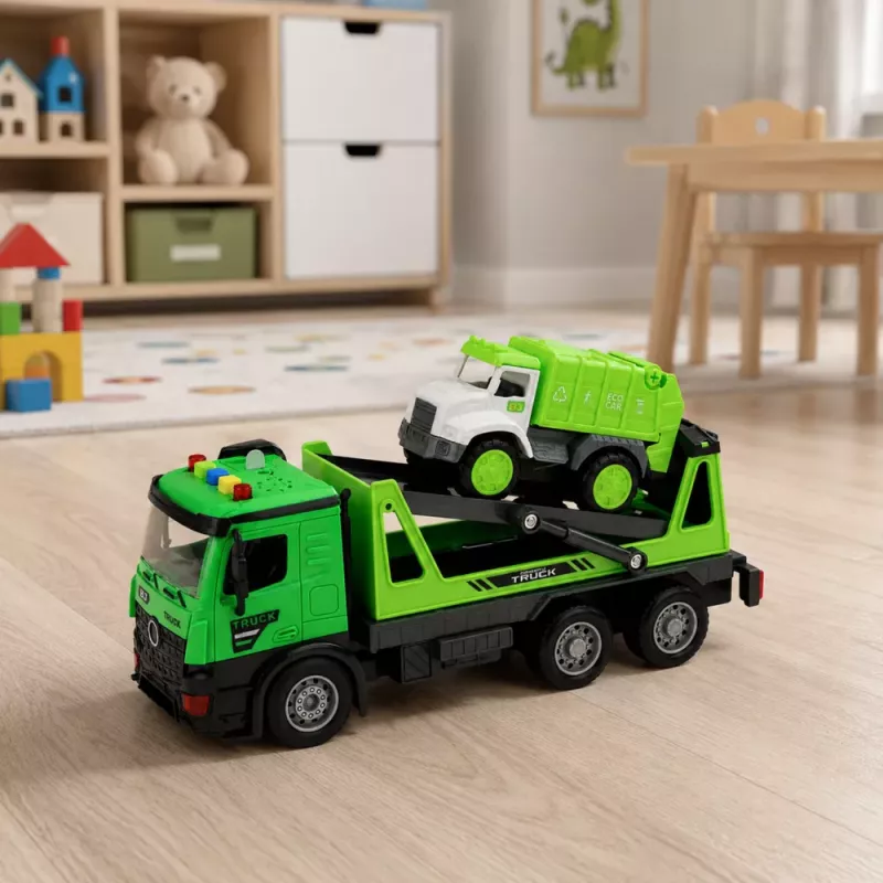 LEAN TOYS Camião de Reboque Camião do Lixo Conjunto de Veículos Luzes Sons Verde