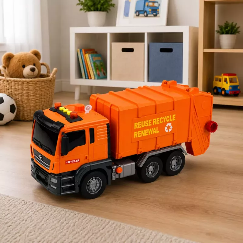LEAN TOYS Camião do Lixo com Contentores de Lixo, Luz e Som - Laranja