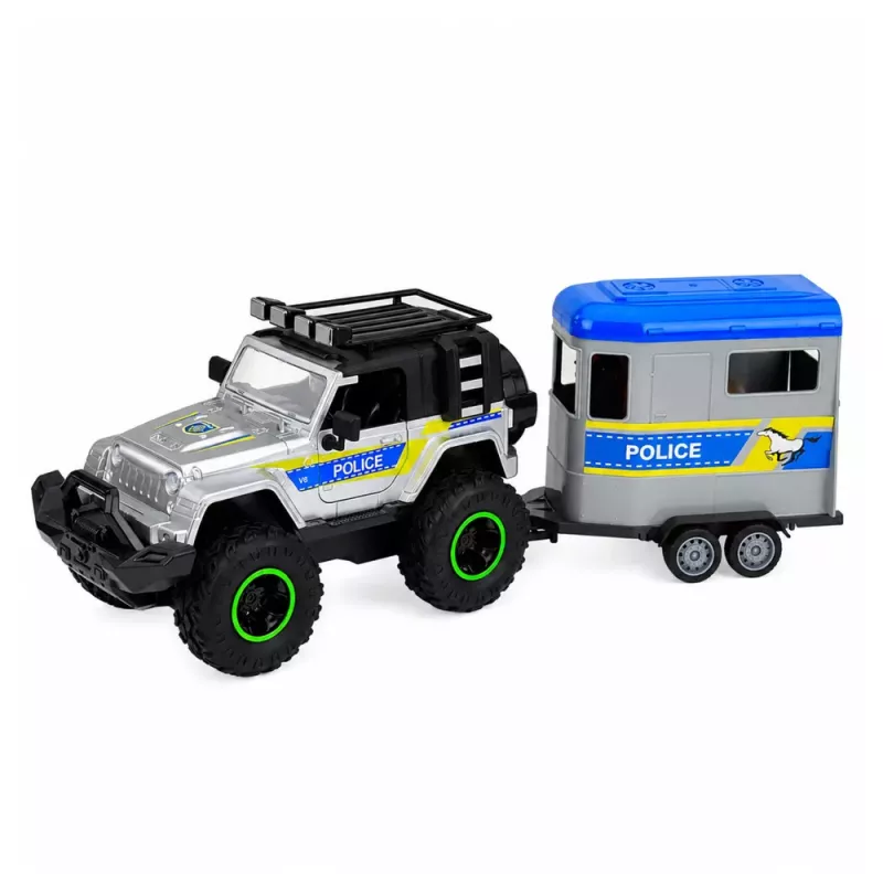 LEAN TOYS Todo-o-Terreno de Polícia com Reboque para Cavalos, Efeitos de Luz e Som