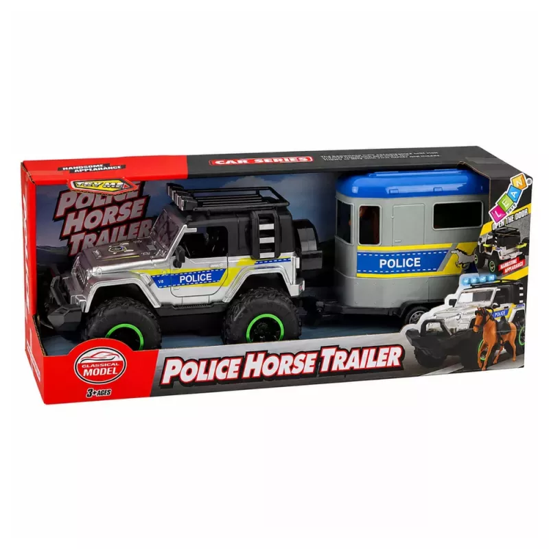 LEAN TOYS Todo-o-Terreno de Polícia com Reboque para Cavalos, Efeitos de Luz e Som