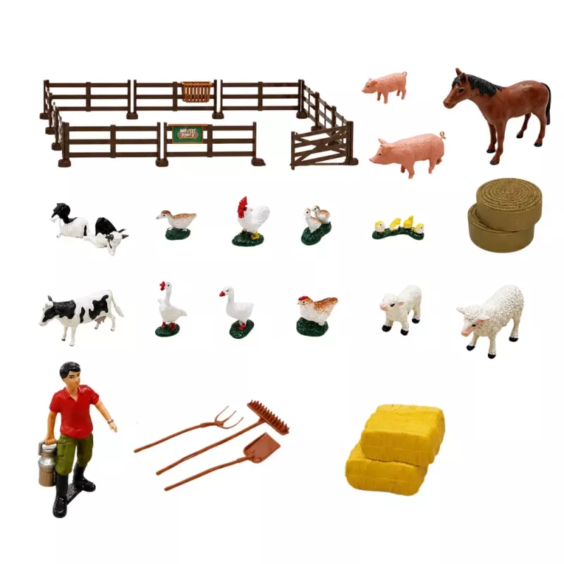 LEAN TOYS Conjunto de Quinta com Trator e Celeiro, Animais, Figuras e Acessórios, 44 peças