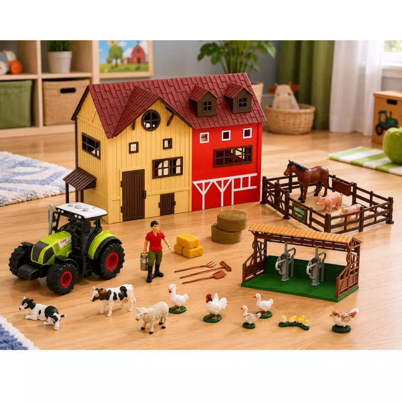LEAN TOYS Conjunto de Quinta com Trator e Celeiro, Animais, Figuras e Acessórios, 44 peças