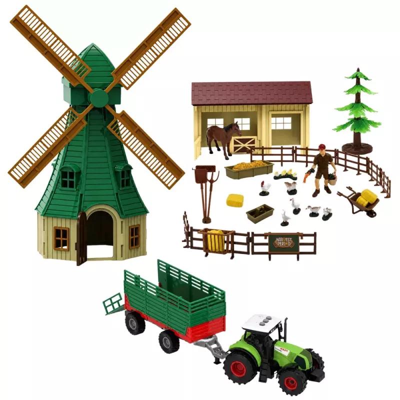 LEAN TOYS Conjunto de Quinta com Trator, Moinho de Vento, Estábulo, Reboque e Figuras de Animais, 45 peças