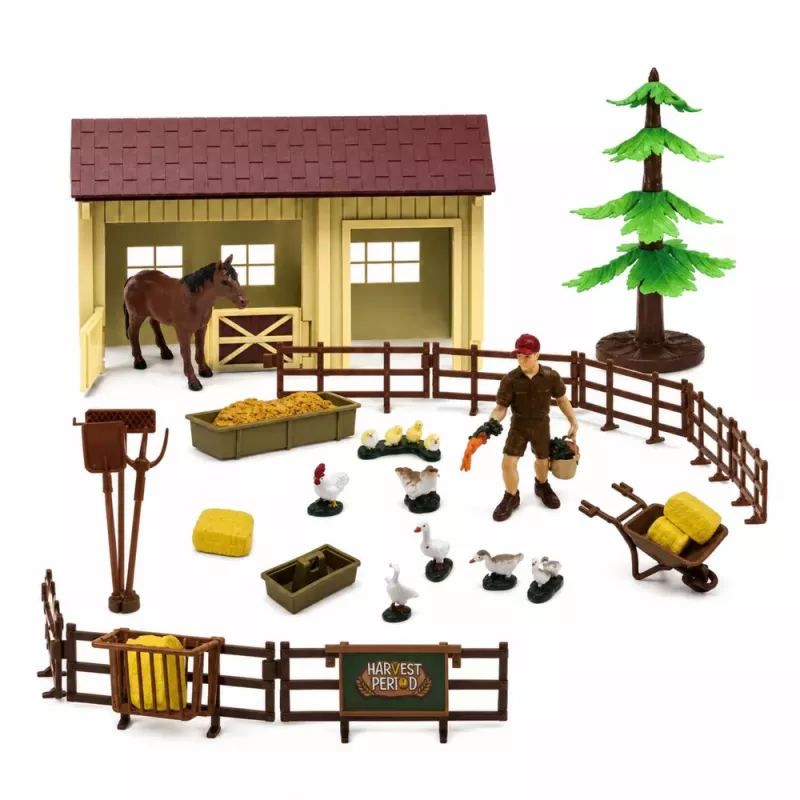 LEAN TOYS Conjunto de Quinta com Trator, Moinho de Vento, Estábulo, Reboque e Figuras de Animais, 45 peças