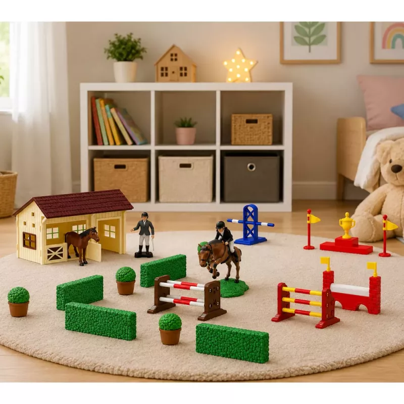 LEAN TOYS Conjunto Quinta Coudelaria de Cavalos Percurso de Obstáculos Estábulo Figuras de Cavalos 26 peças