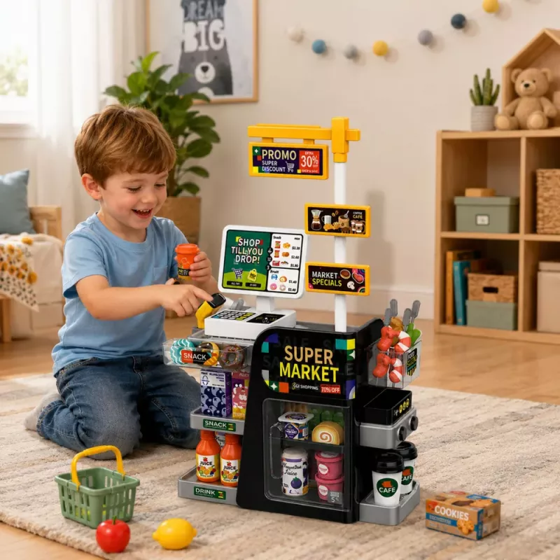 LEAN TOYS Scanner de Caixa de Supermercado, Dispensador de Bebidas, Luzes e Sons 65 Peças