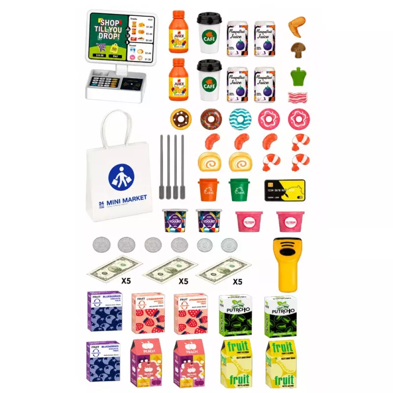 LEAN TOYS Scanner de Caixa de Supermercado, Dispensador de Bebidas, Luzes e Sons 65 Peças