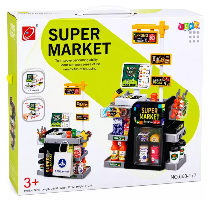 LEAN TOYS Scanner de Caixa de Supermercado, Dispensador de Bebidas, Luzes e Sons 65 Peças