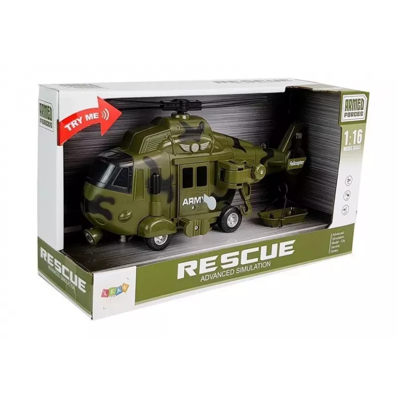LEAN TOYS Helicóptero de salvamento militar 1:16 gancho som luz