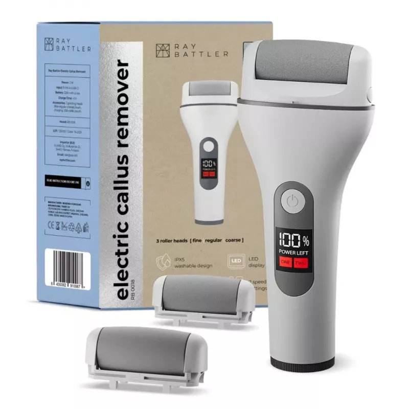 Ray Battler RB 0018 Removedor de calos - Lima elétrica recarregável para os pés com 3 cabeças de rolo, IPX7 à prova de água, uso a seco e molhado