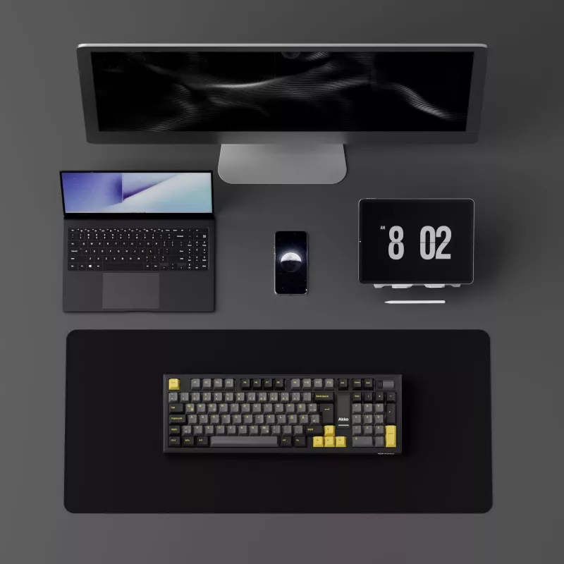 Teclado mecânico AKKO 5098B, 98 teclas, preto e dourado, Hot-Swappable, RGB, Triple Mode (USB-C/2.4GHz/Bluetooth 5.0), switches lineares Akko CS Jelly White, keycaps PBT ASA, 3000mAh