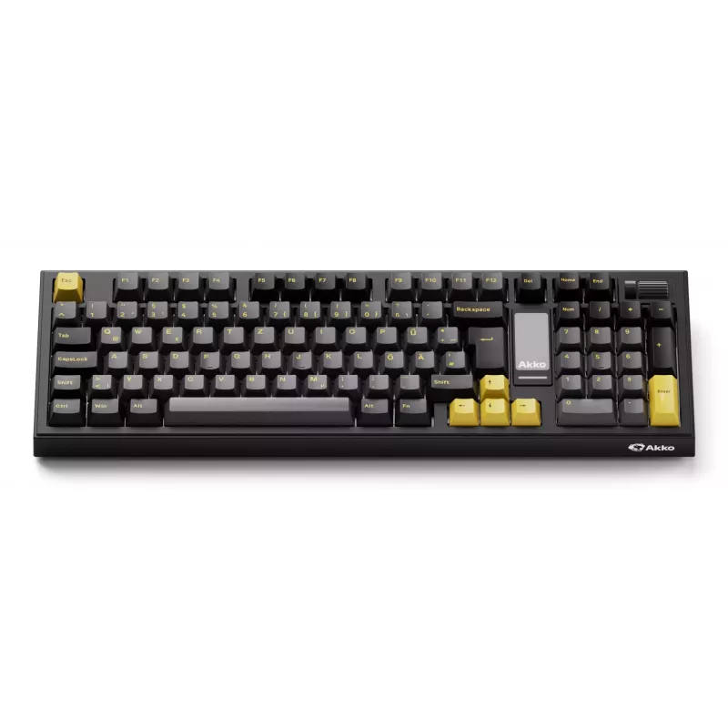 Teclado mecânico AKKO 5098B, 98 teclas, preto e dourado, Hot-Swappable, RGB, Triple Mode (USB-C/2.4GHz/Bluetooth 5.0), switches lineares Akko CS Jelly White, keycaps PBT ASA, 3000mAh