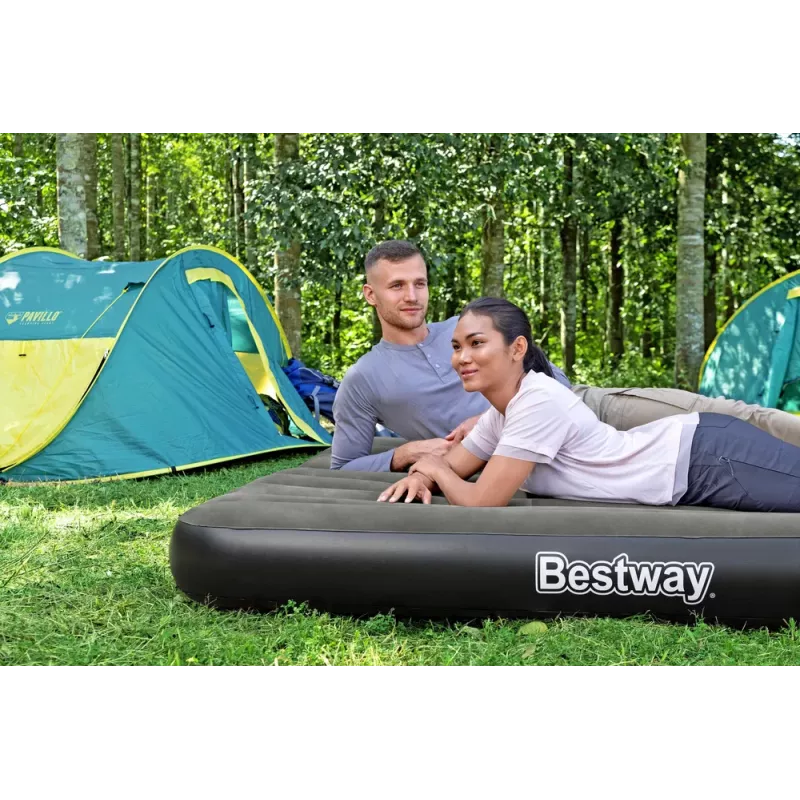 Bestway Pavillo Colchão de ar insuflável Queen 203x152x25 cm com bomba de pé integrada, superfície flockada, construção Coil-Beam, cinzento/azul