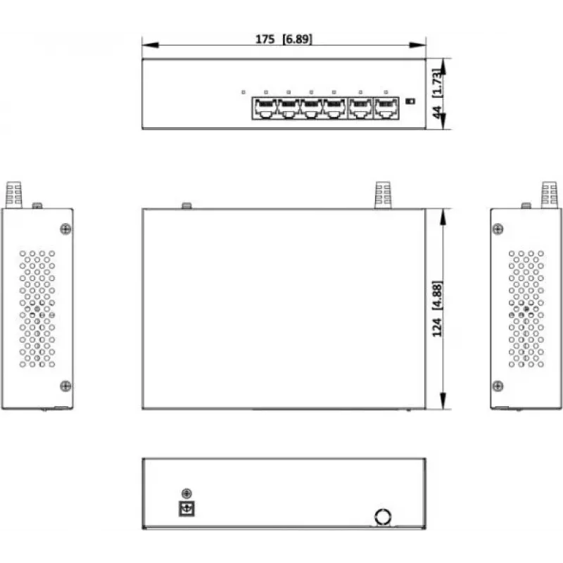 Switch PoE+ não gerido Hikvision DS-XS06-P(O-STD) 6 portas (4 portas PoE, 2 uplink Gigabit, orçamento 60W, calha DIN)