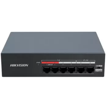 Switch PoE+ não gerido Hikvision DS-XS06-P(O-STD) 6 portas (4 portas PoE, 2 uplink Gigabit, orçamento 60W, calha DIN)