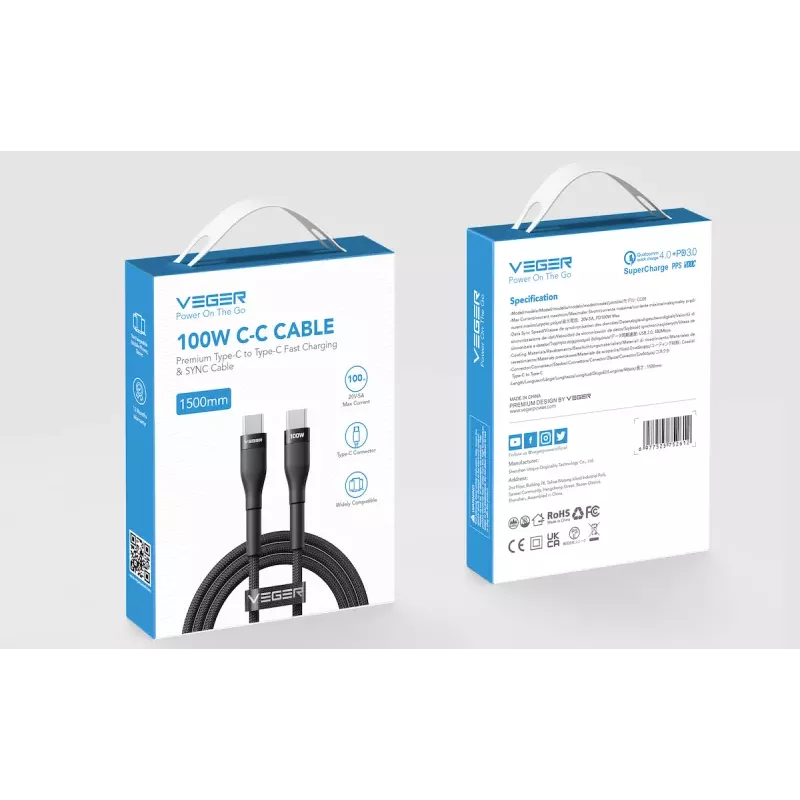 VEGER Cabo USB-C para USB-C PD 100W 1,5m, Preto