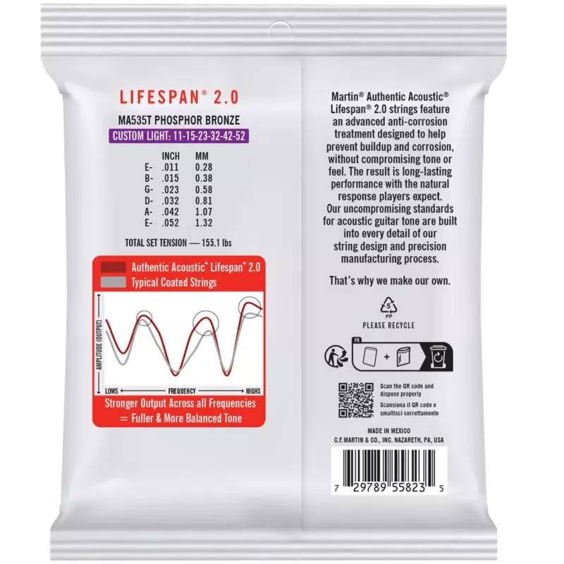 Martin MA535T Custom Light (11-52) Cordas para Guitarra Acústica - Lifespan 2.0 Phosphor Bronze