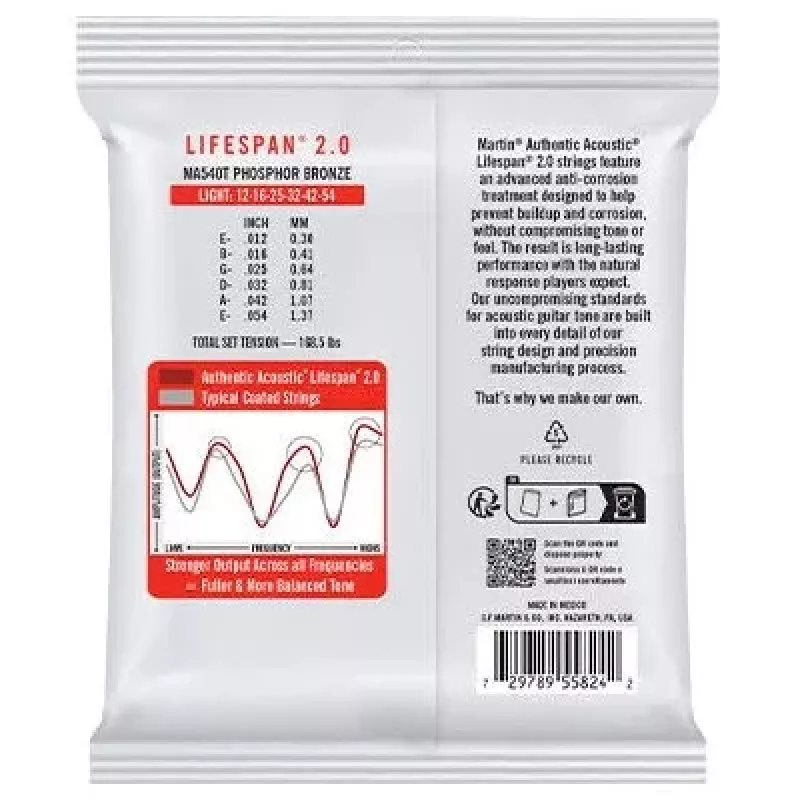Martin MA540T Light (12-54) Cordas para Guitarra Acústica - Phosphor Bronze, Lifespan 2.0
