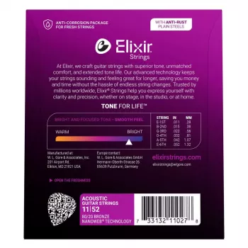 Cordas para guitarra acústica Elixir Strings 11027 Custom Light NANOWEB (11-52)