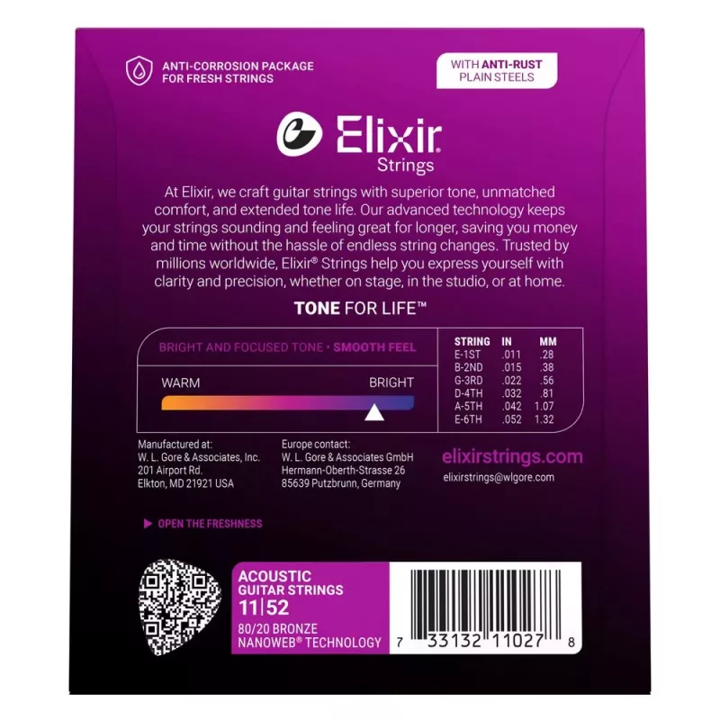 Cordas para guitarra acústica Elixir Strings 11027 Custom Light NANOWEB (11-52)