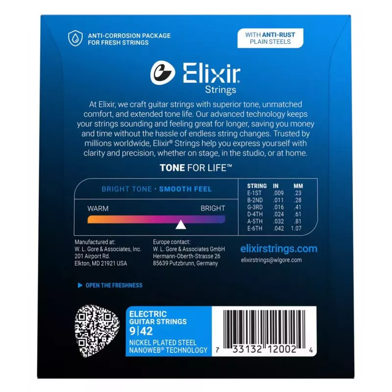Cordas para guitarra elétrica Elixir Strings 12002 Nanoweb, Super Light .009-.042, pack de 6