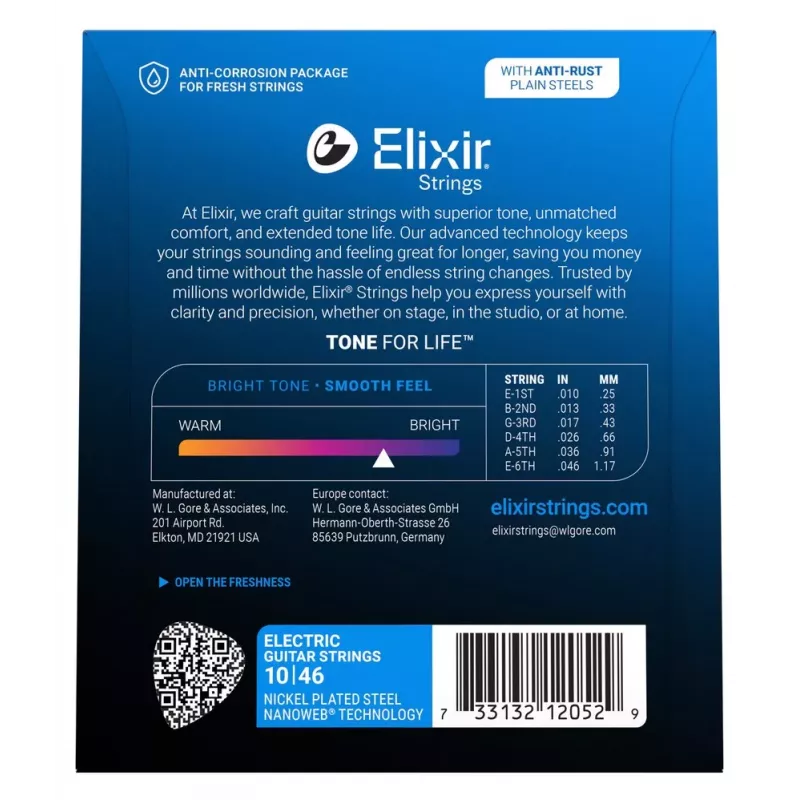 Cordas para guitarra elétrica Elixir 12052 Nanoweb Light (10-46)