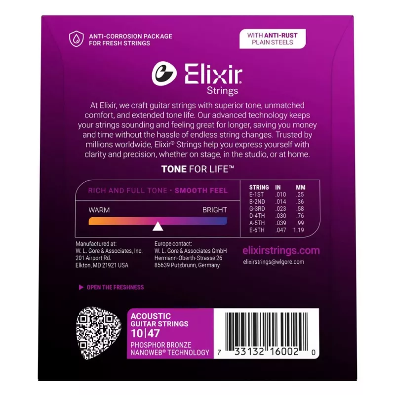 Cordas para guitarra acústica Elixir 16002 NANOWEB Phosphor Bronze Extra Light (10-47)
