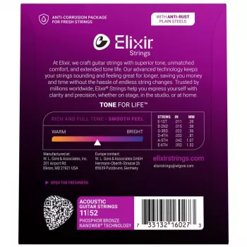 Cordas para guitarra acústica Elixir Strings 16027 Phosphor Bronze Custom Light NANOWEB (11-52)