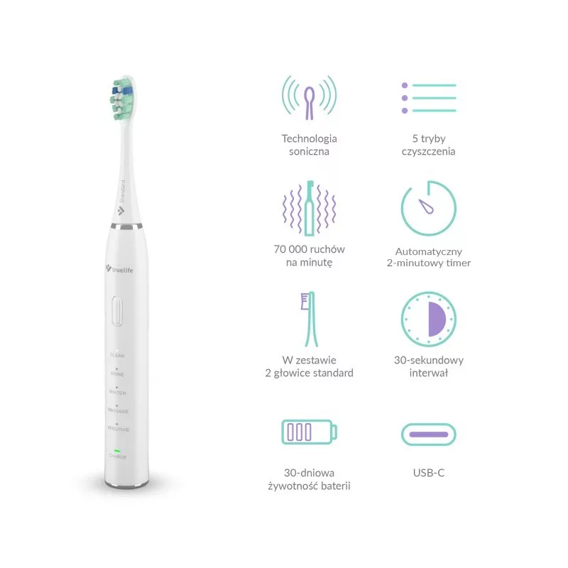 Escova de Dentes Elétrica Sónica TrueLife SonicBrush Clean30 Branco Adultos