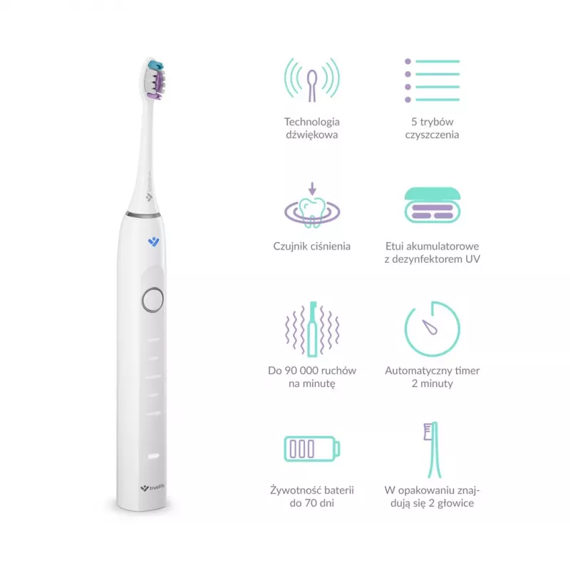 Escova de dentes sónica TrueLife SonicBrush Clean70 UV com esterilizador UV, 5 modos, 3 cabeças de escova, estojo de viagem, preto